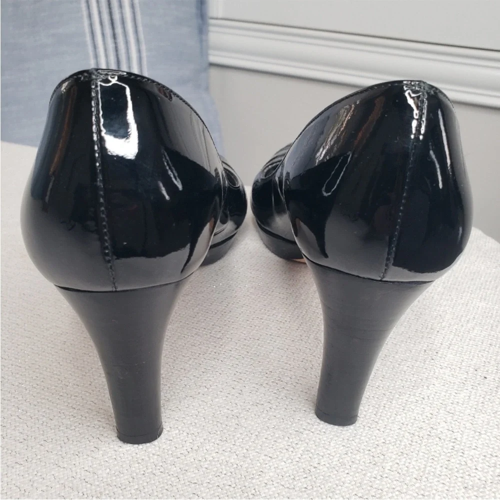Stuart Weitzman Black Patent Peep-Toe Heels